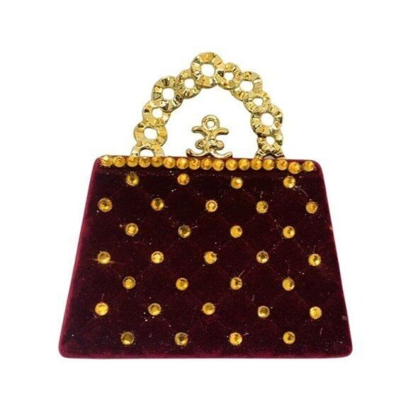 Artisan Christmas Red Velvet Rhinestone Satchel Purse Large Statement Brooch - Picture 1 of 8